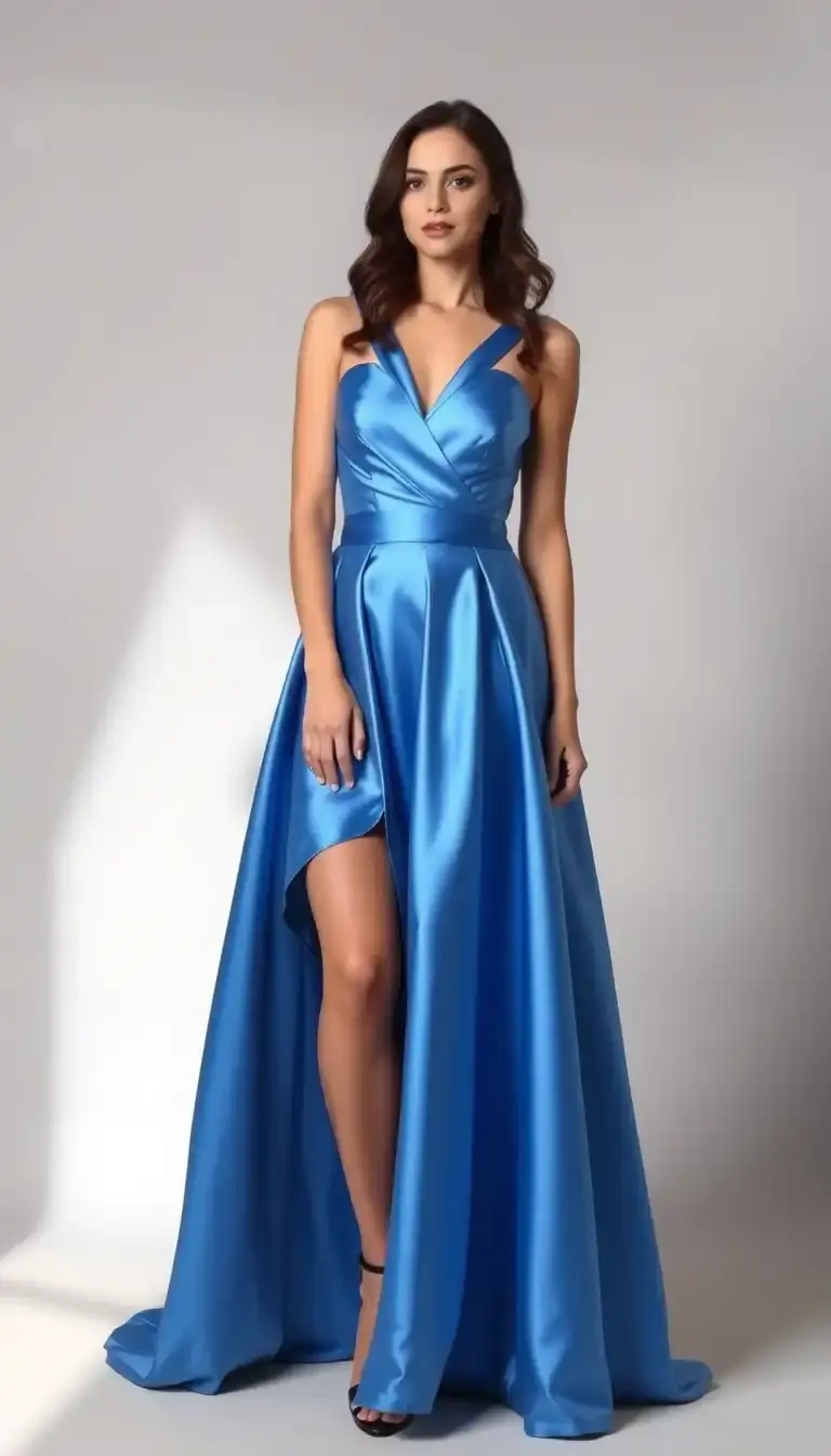 Satin Party Dress Women in Blue