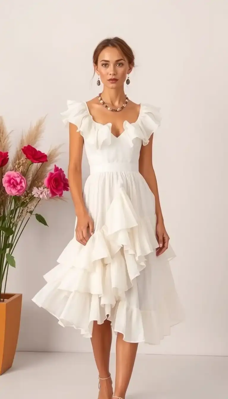 Ruffled Party Dress Women in White
