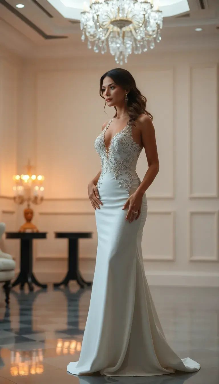 Glamorous beaded white evening dress