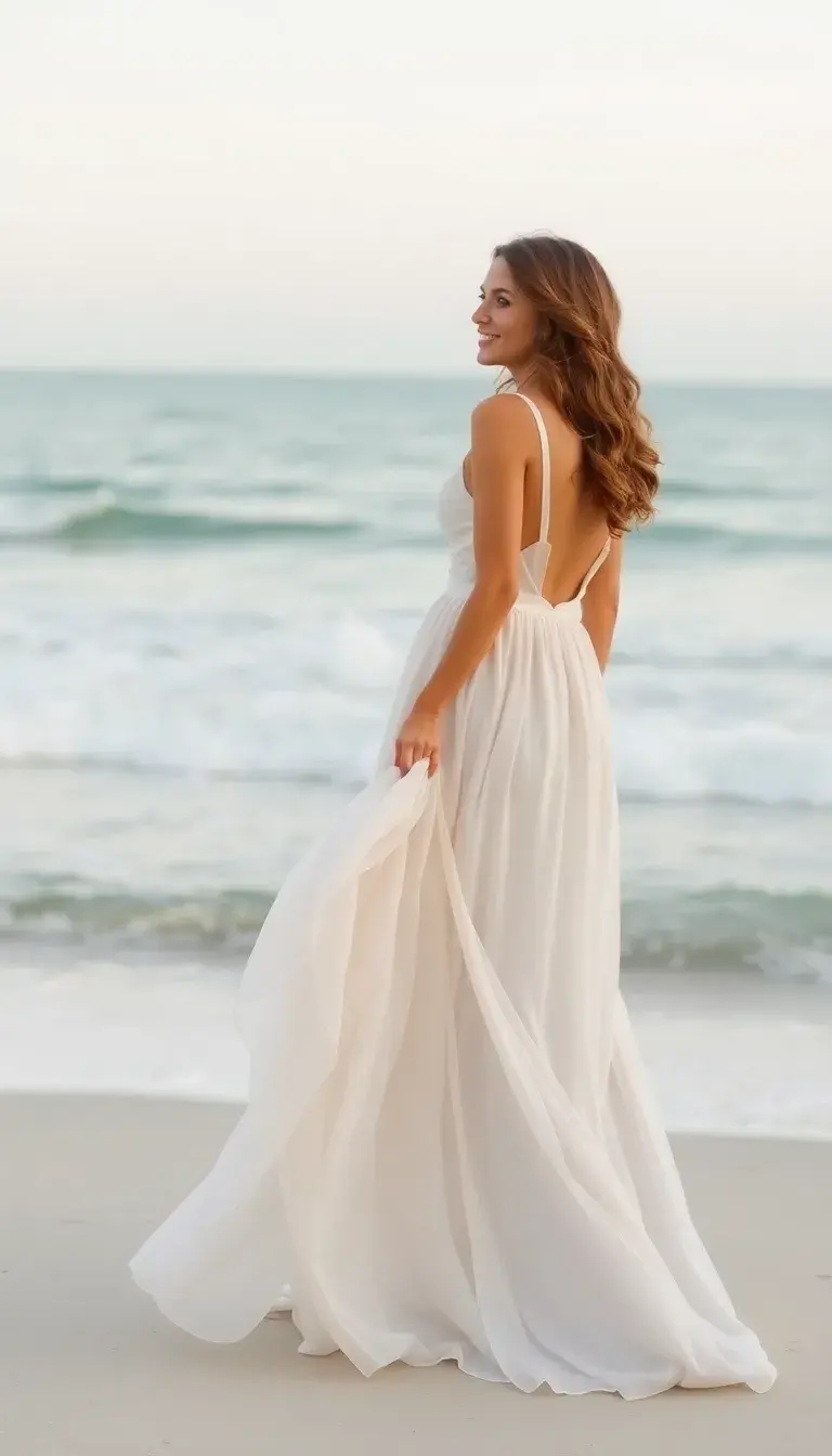 Chiffon beach wedding dress with flowy skirt