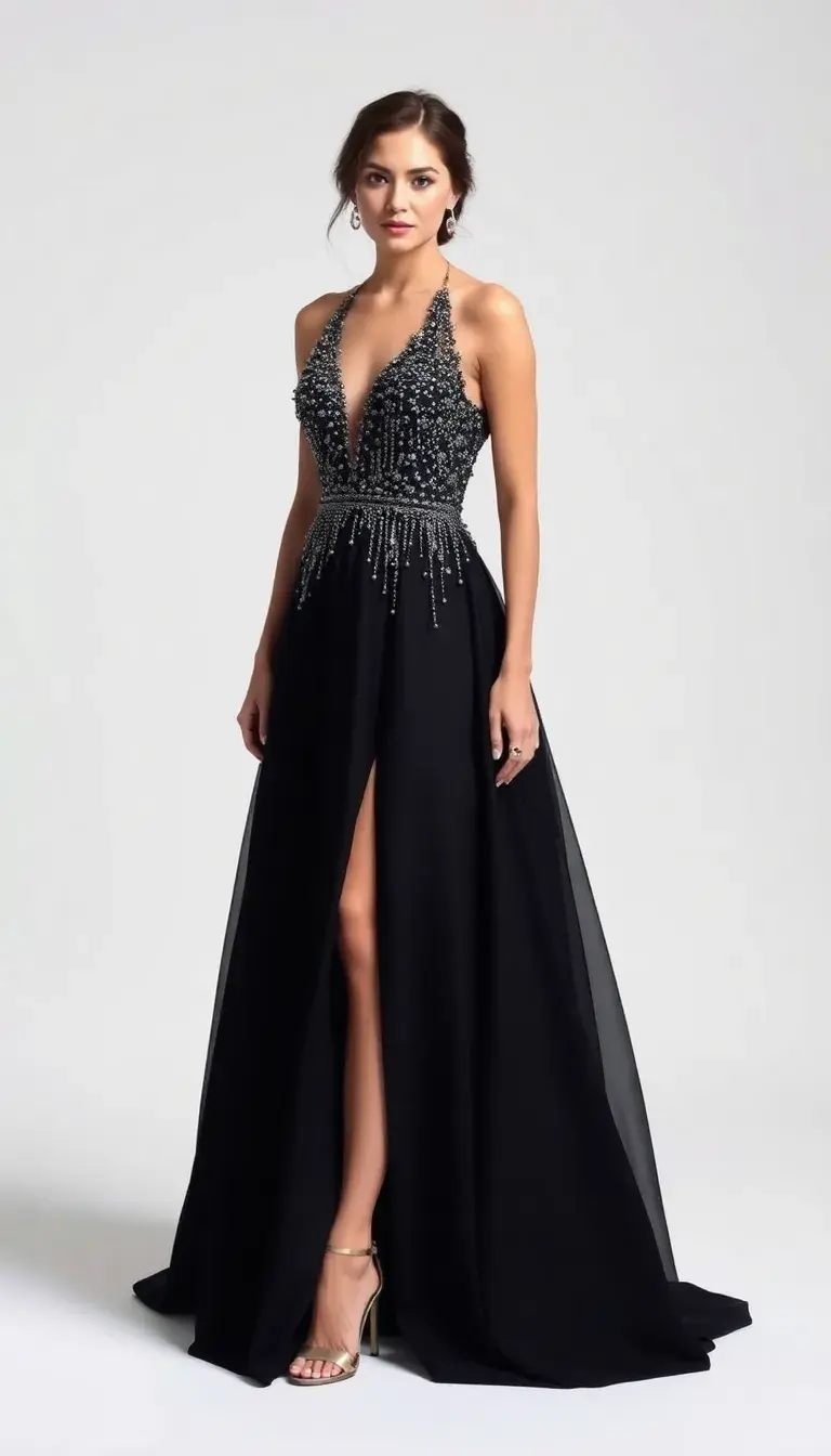 Black formal gown with beads