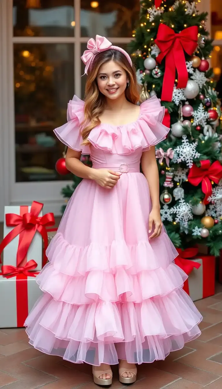 Pink Christmas Ruffled Dress