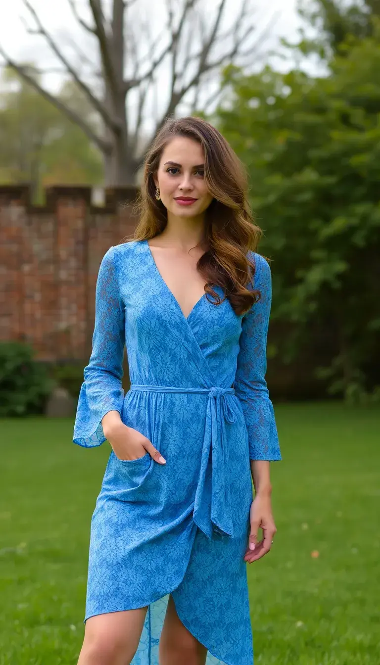 a blue lace wrap dress
