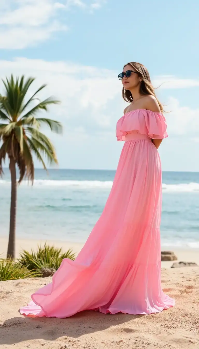 Off the shoulder maxi dress in pink