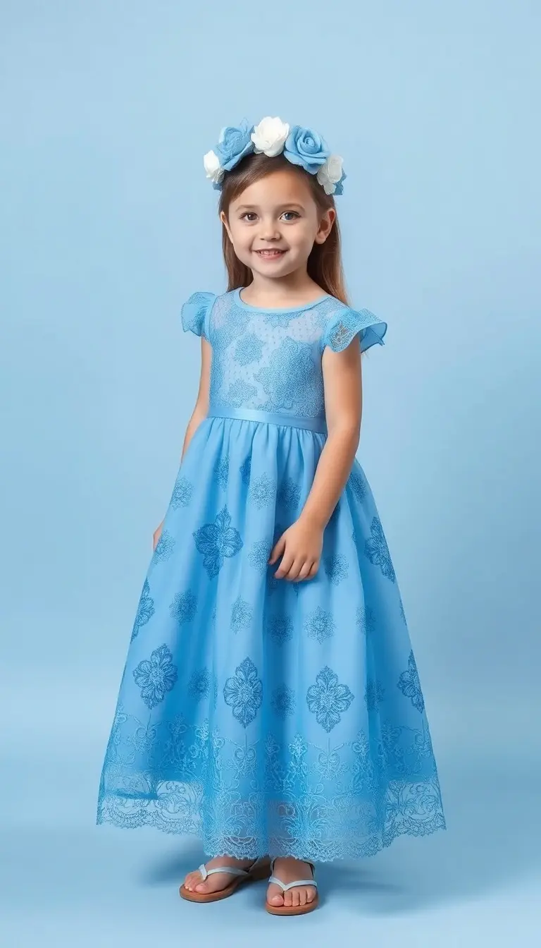 Blue flower girl lace dress