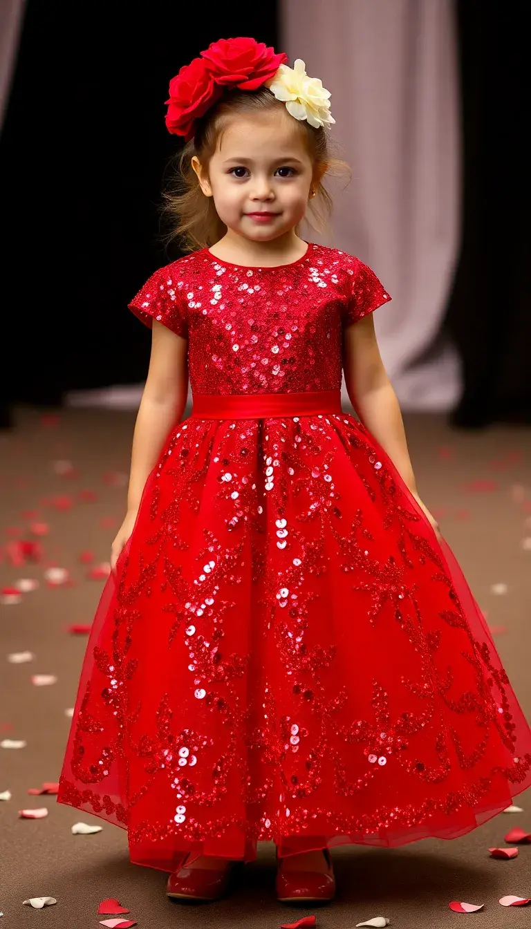 Red flower girl sequin dress