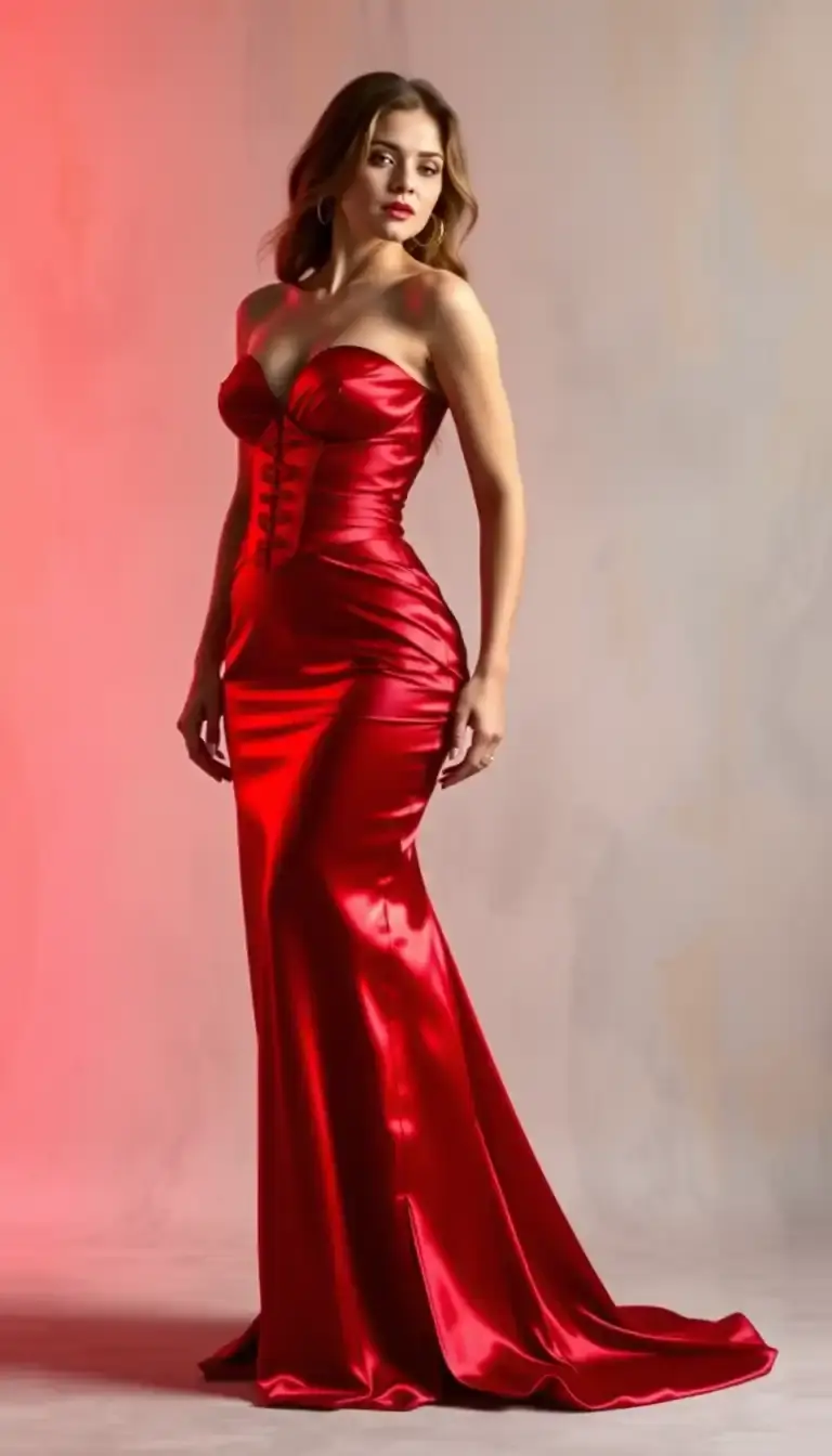 a satin corset maxi dress in red