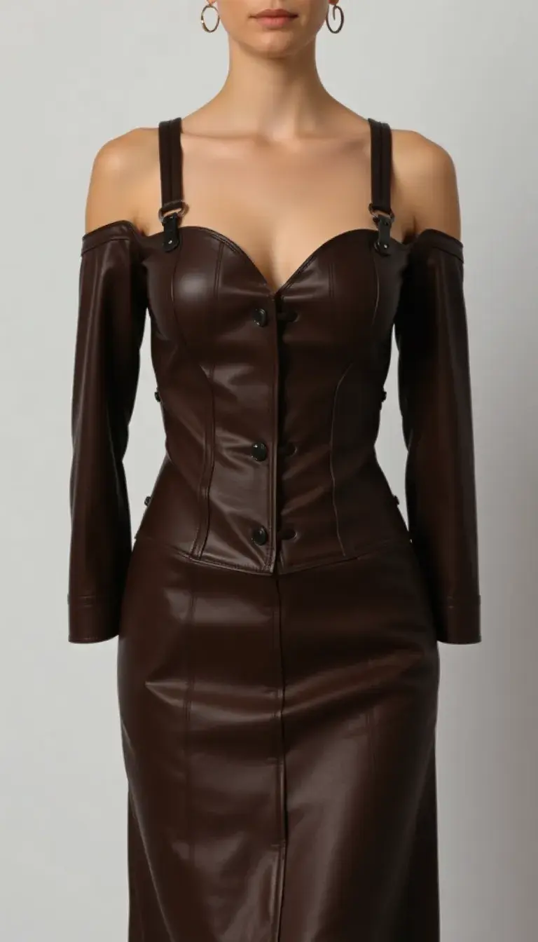 a leather corset dress in brown