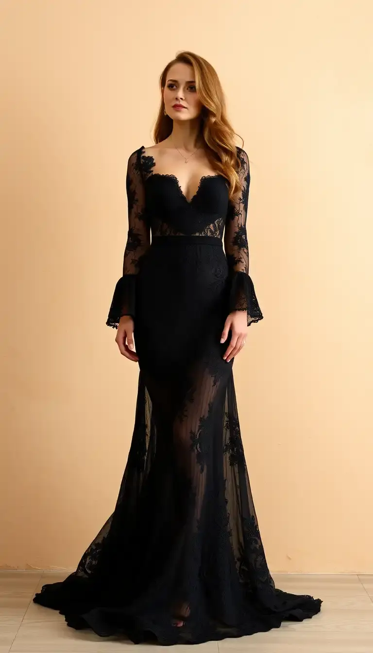 Black Lace Maxi Dress with Sleeves