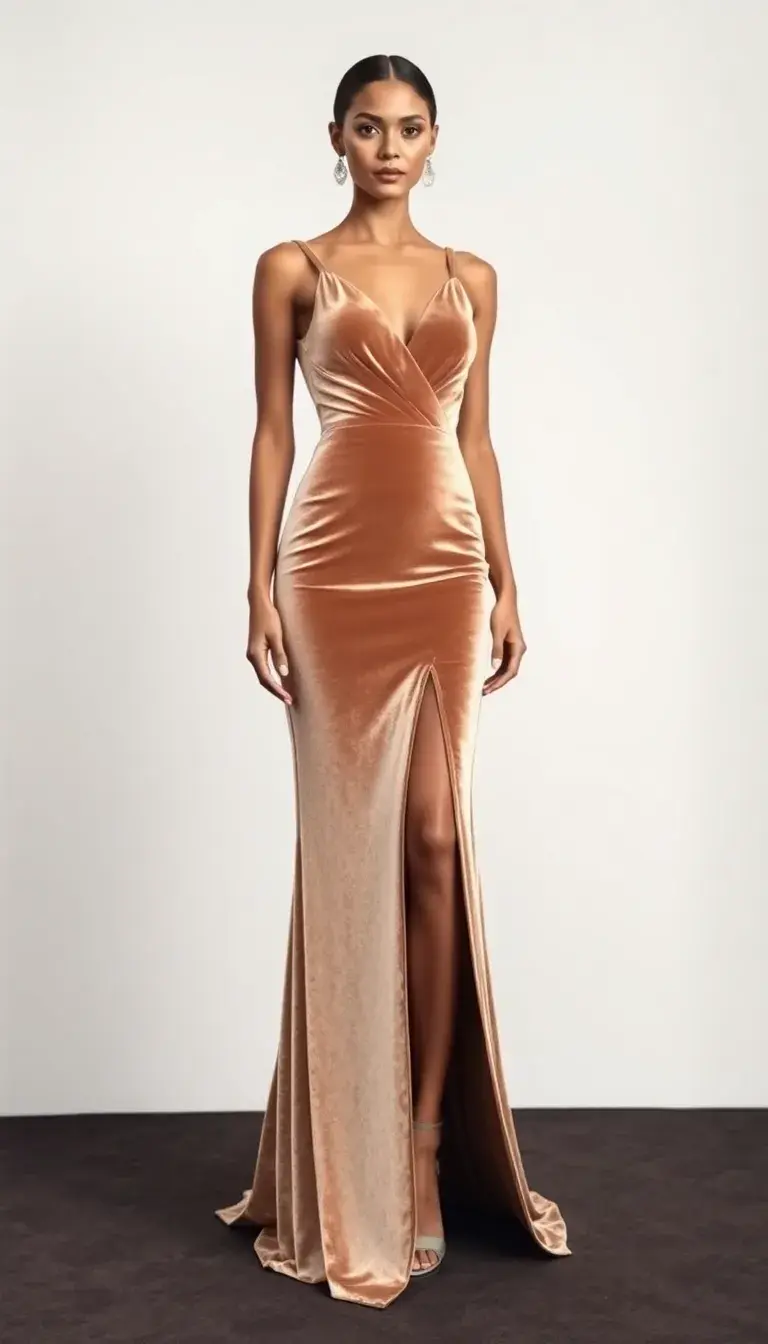 Champagne Velvet Evening Dress