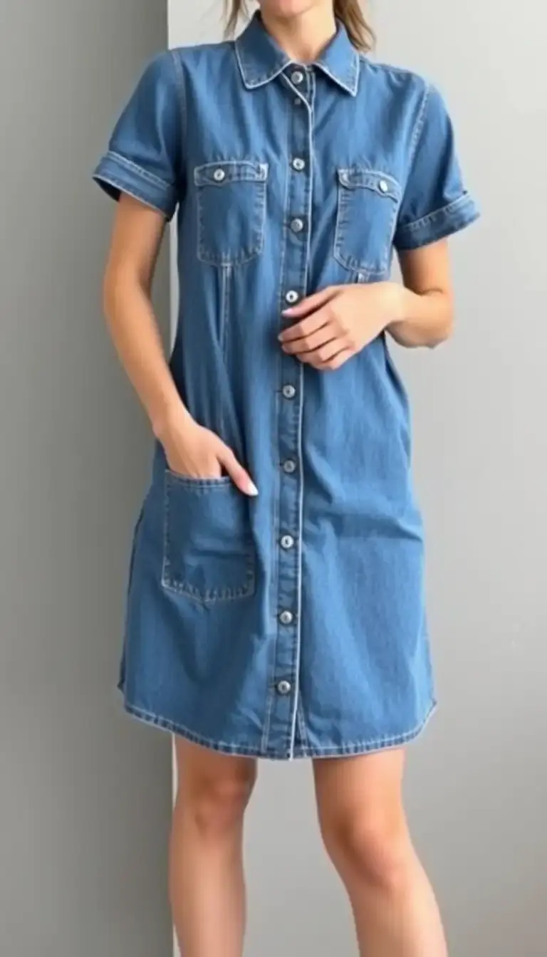 Blue Denim Mini Dress with Buttons