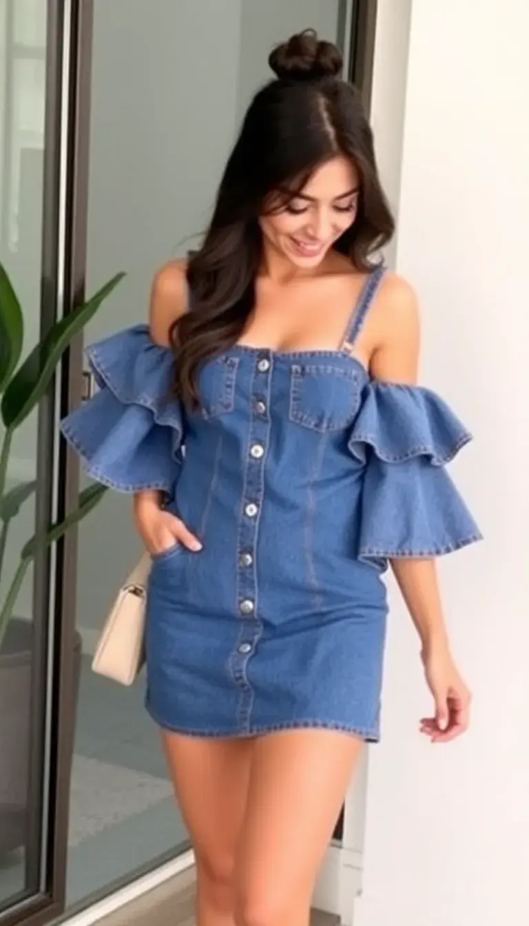 Denim Mini Dress with Ruffles