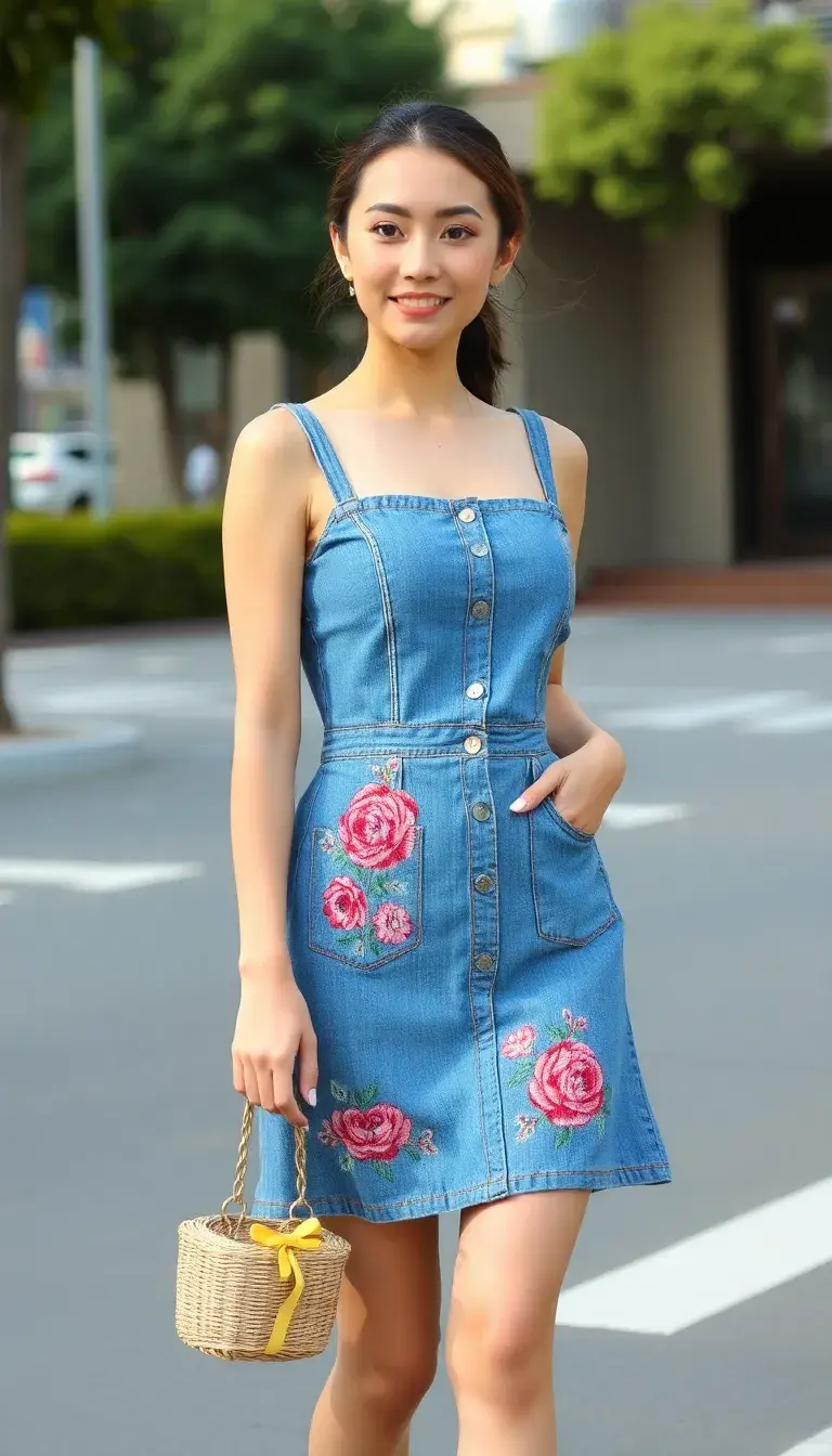 Denim Mini Dress with Embroidery