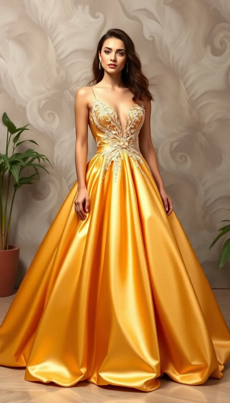 Gold Satin Ball Gown Prom Dress