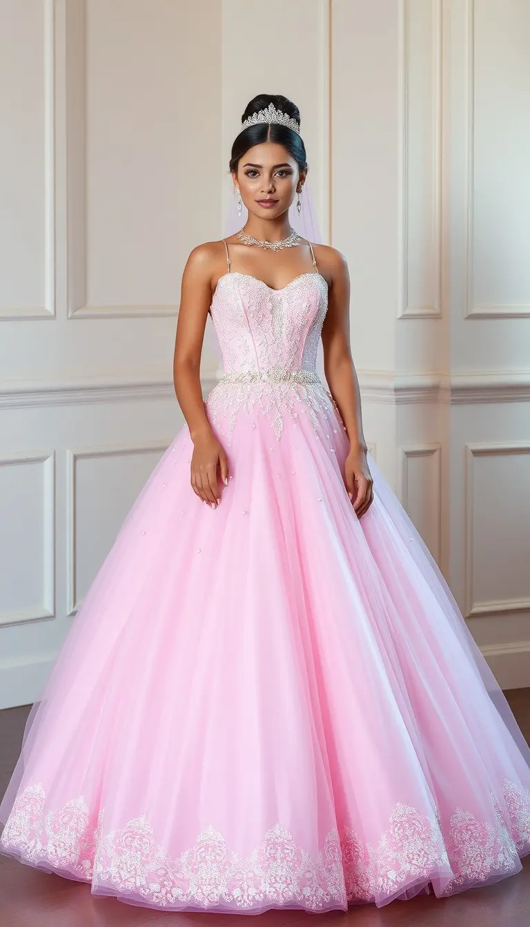 Ball Gown Quinceanera Dress in Pink with beads