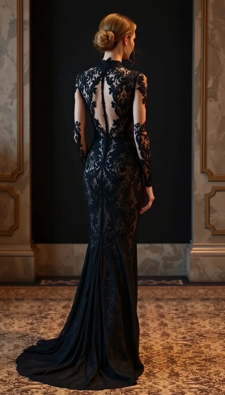 Intricate Long Black Lace Evening Dress