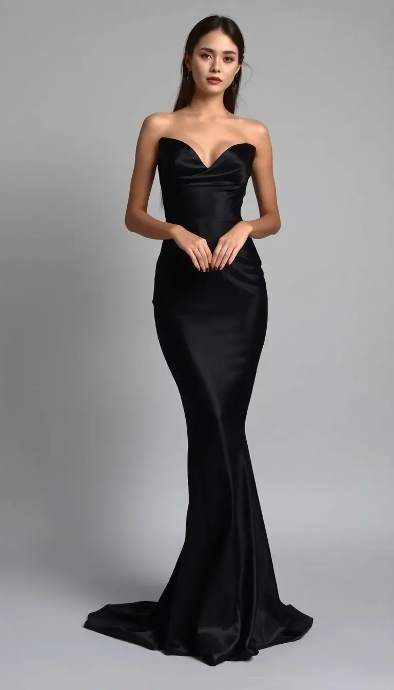 Long Black Satin Gown Mermaid Silhouette