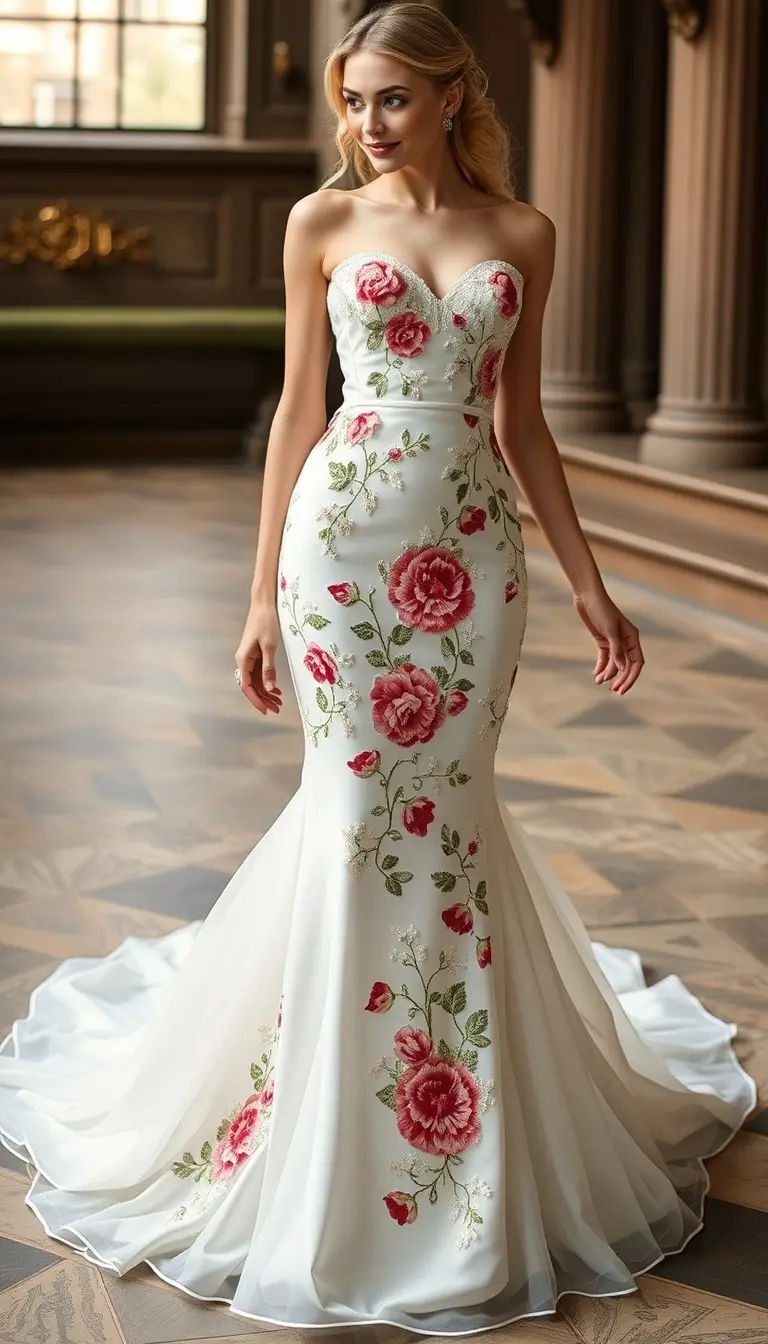 Embroidered Mermaid Dress in White