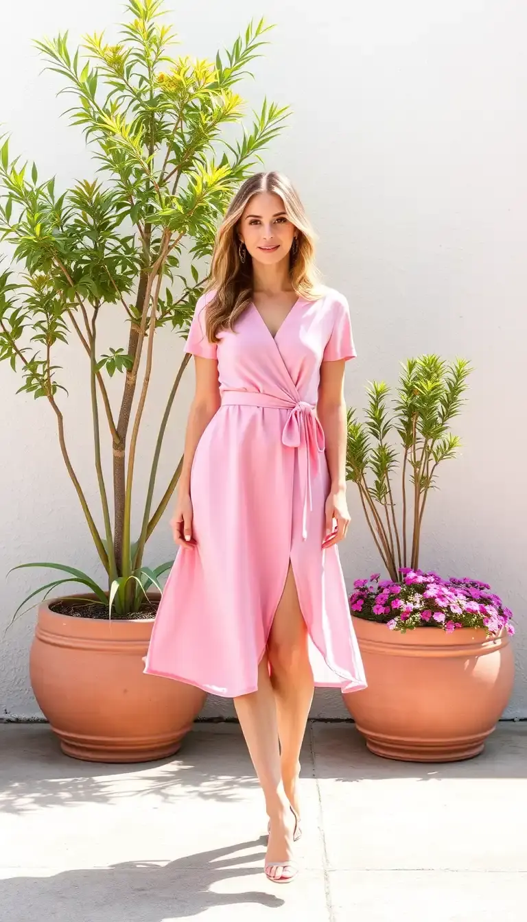 Women's Pink Wrap Dress with tie waist