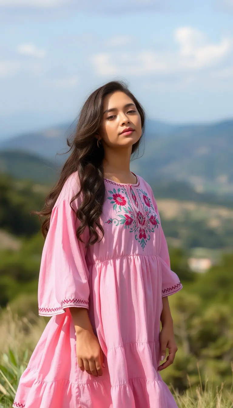 Bohemian pink dress with embroidery
