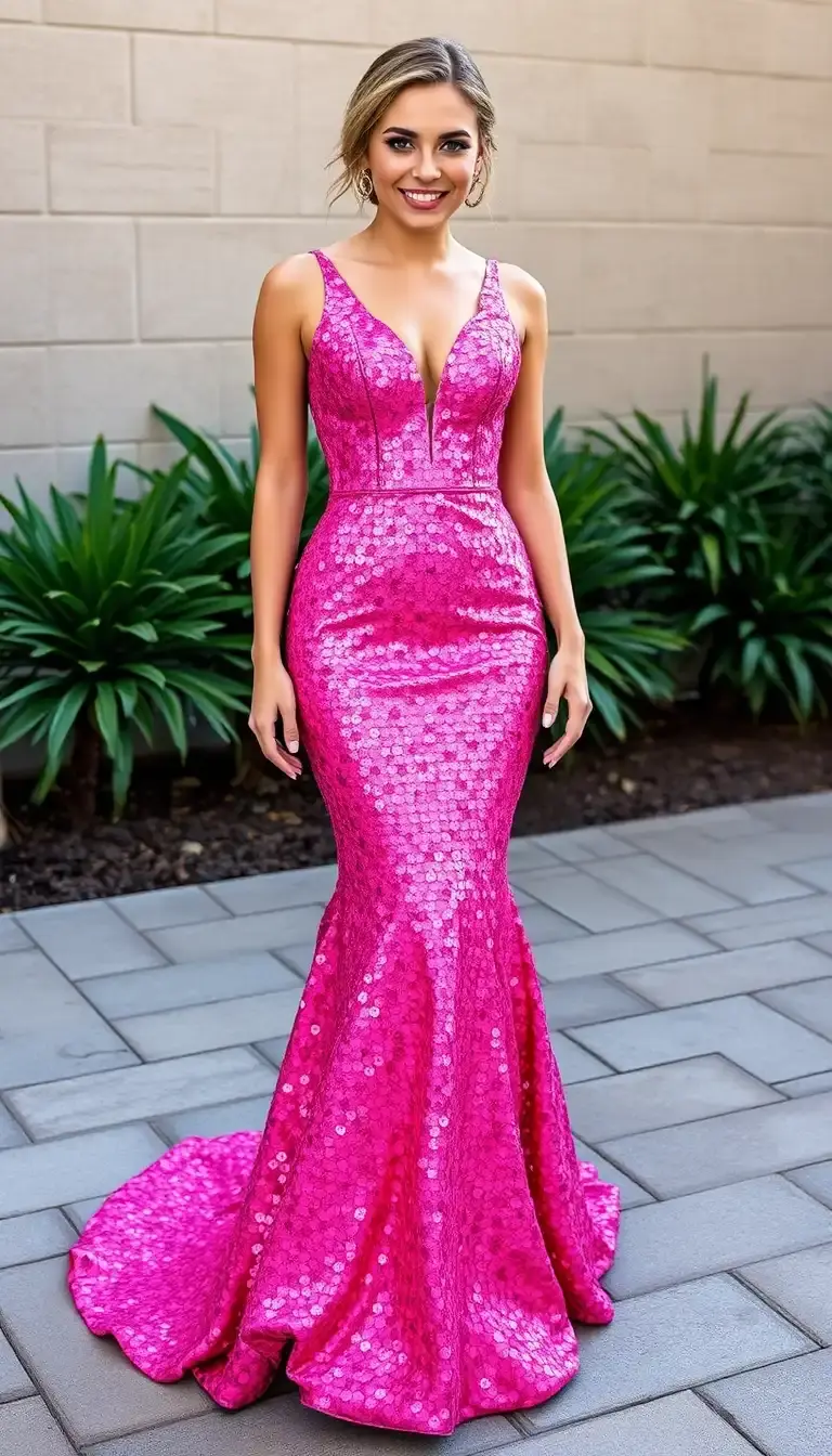 Hot Pink Sequin Prom Gown