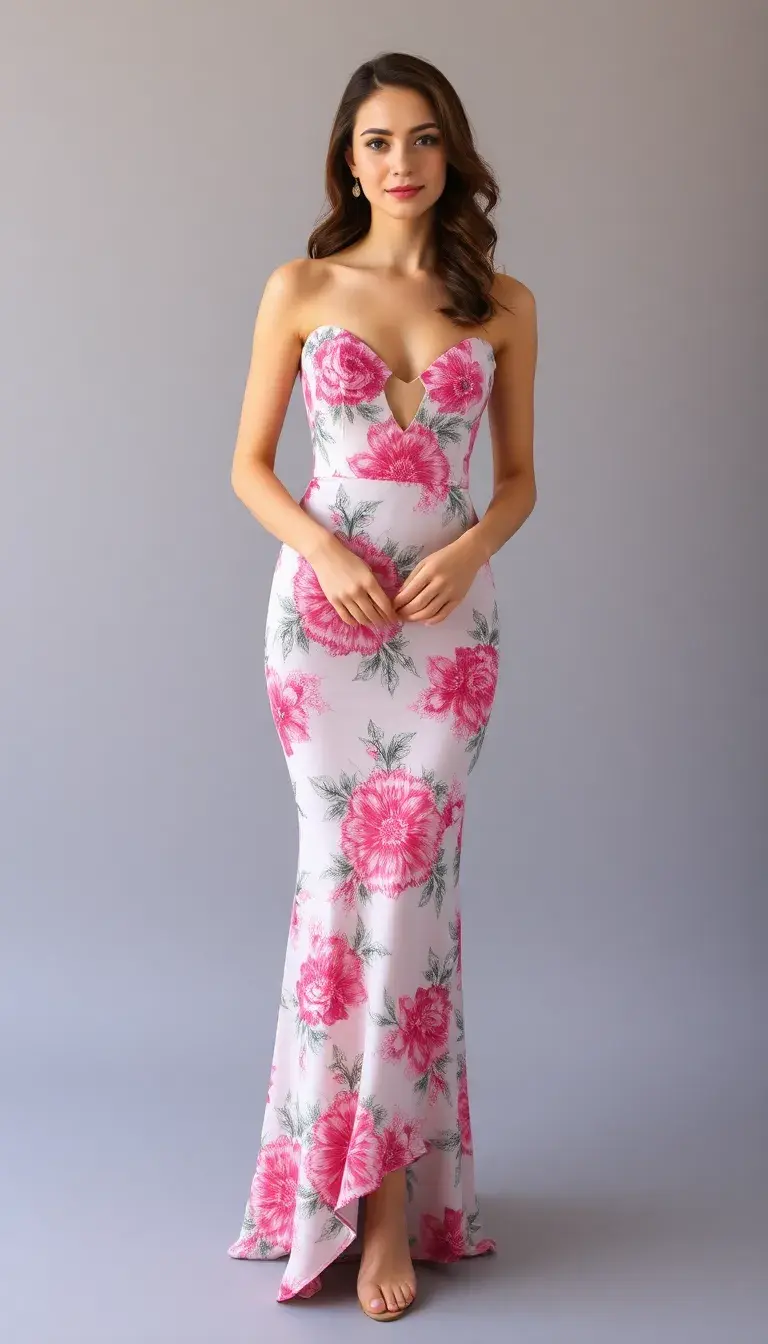 Pink Floral Print Prom Dress