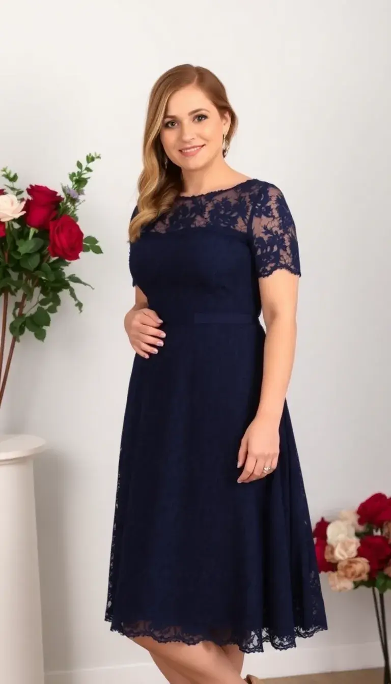 Plus Size Lace Wedding Guest Dress in Navy