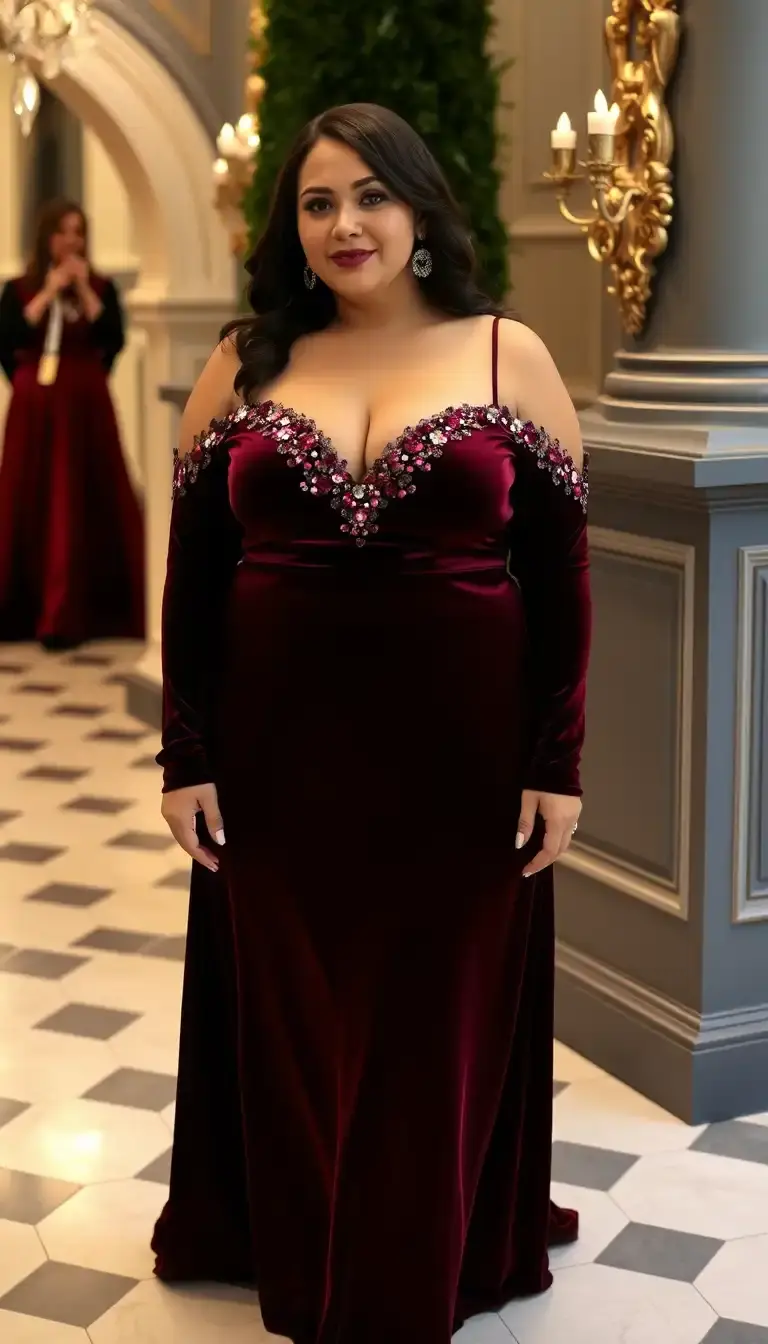 Plus Size Velvet Formal Dress in Burgundy