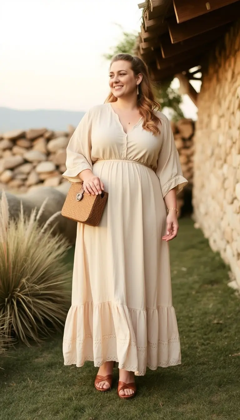 Relaxed Plus Size Boho Wedding Guest Dress in Beige
