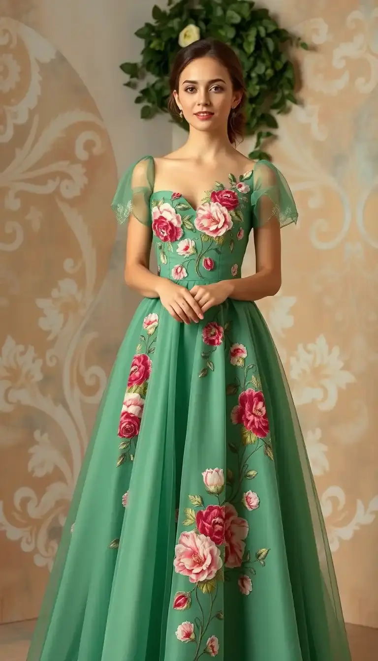 Embroidered Floral Princess Dress Green