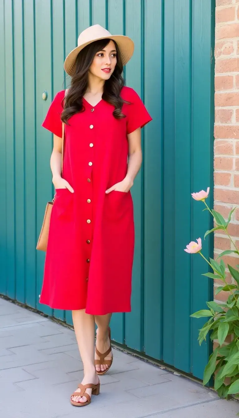 Red A-Line Summer Dress with pockets