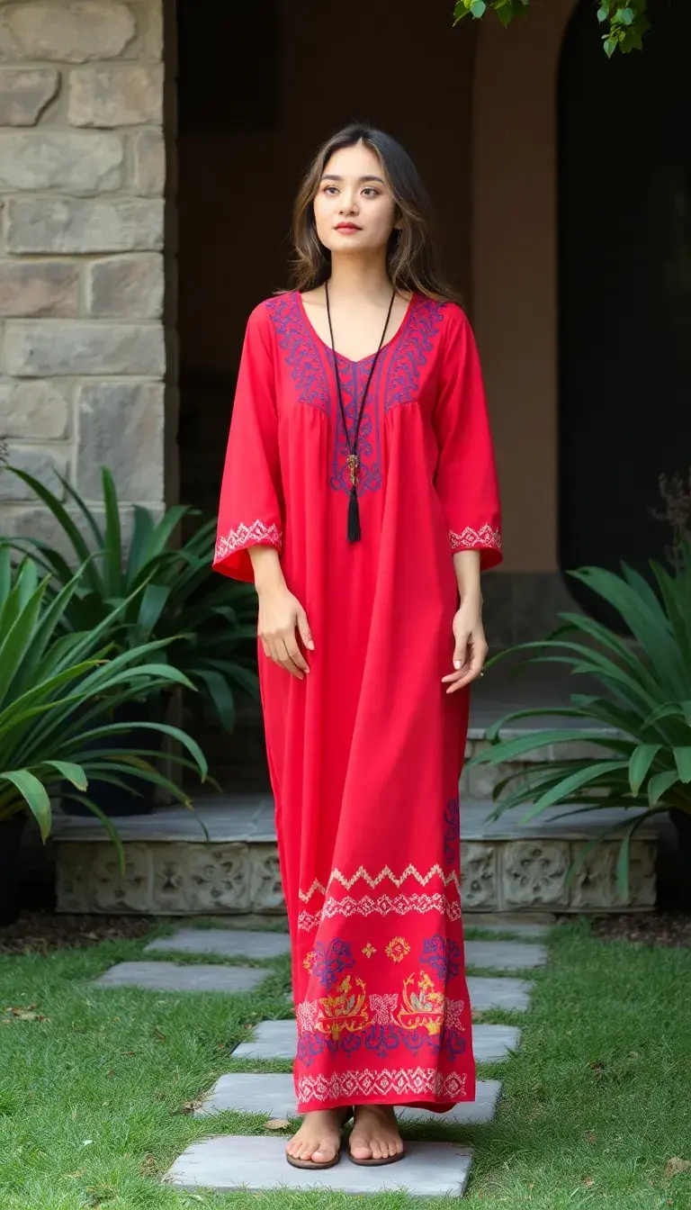 Red Boho Dress with embroidery