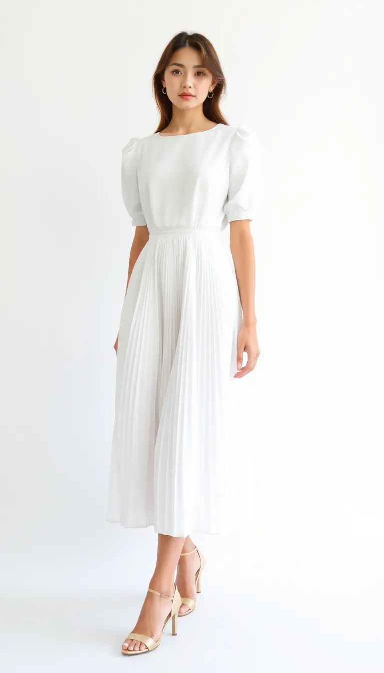 A-Line White Dress with pleats