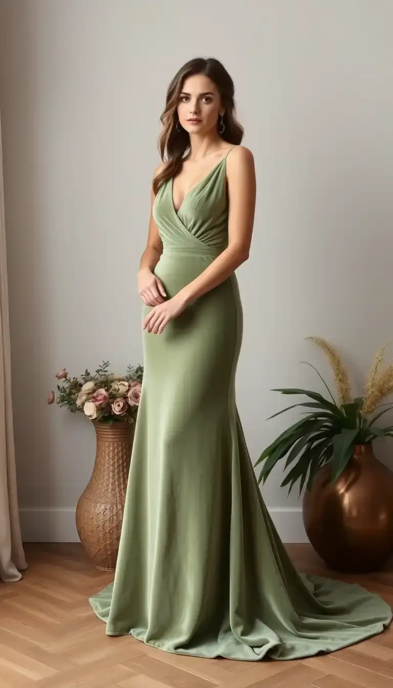 Sage Green Velvet Bridesmaid Gown