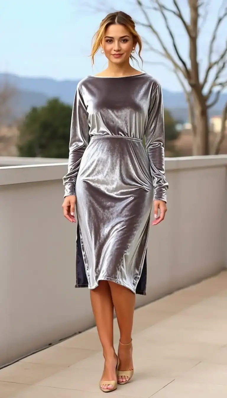 Silver Velvet Midi Dress