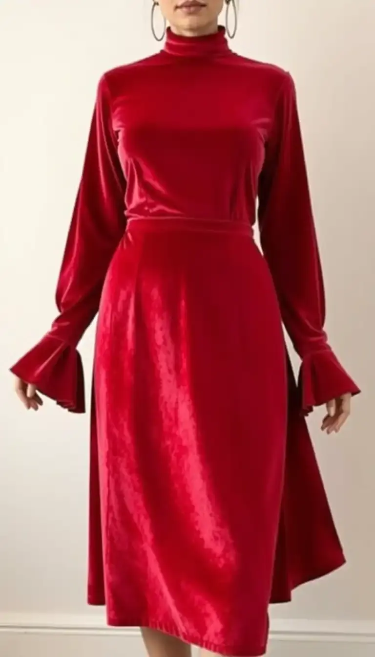 Red Velvet Midi Dress with long sleeves