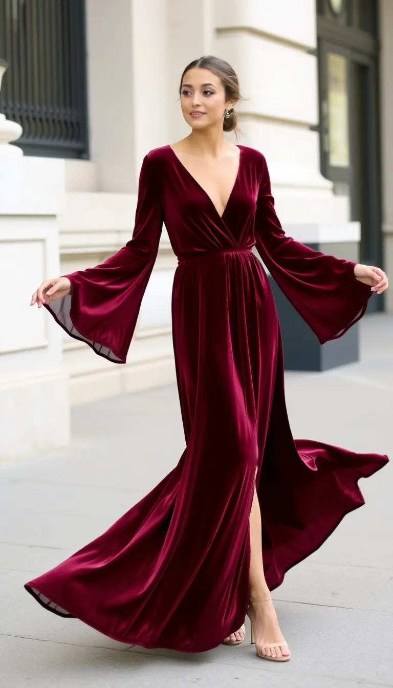 Flowy burgundy velvet maxi dress