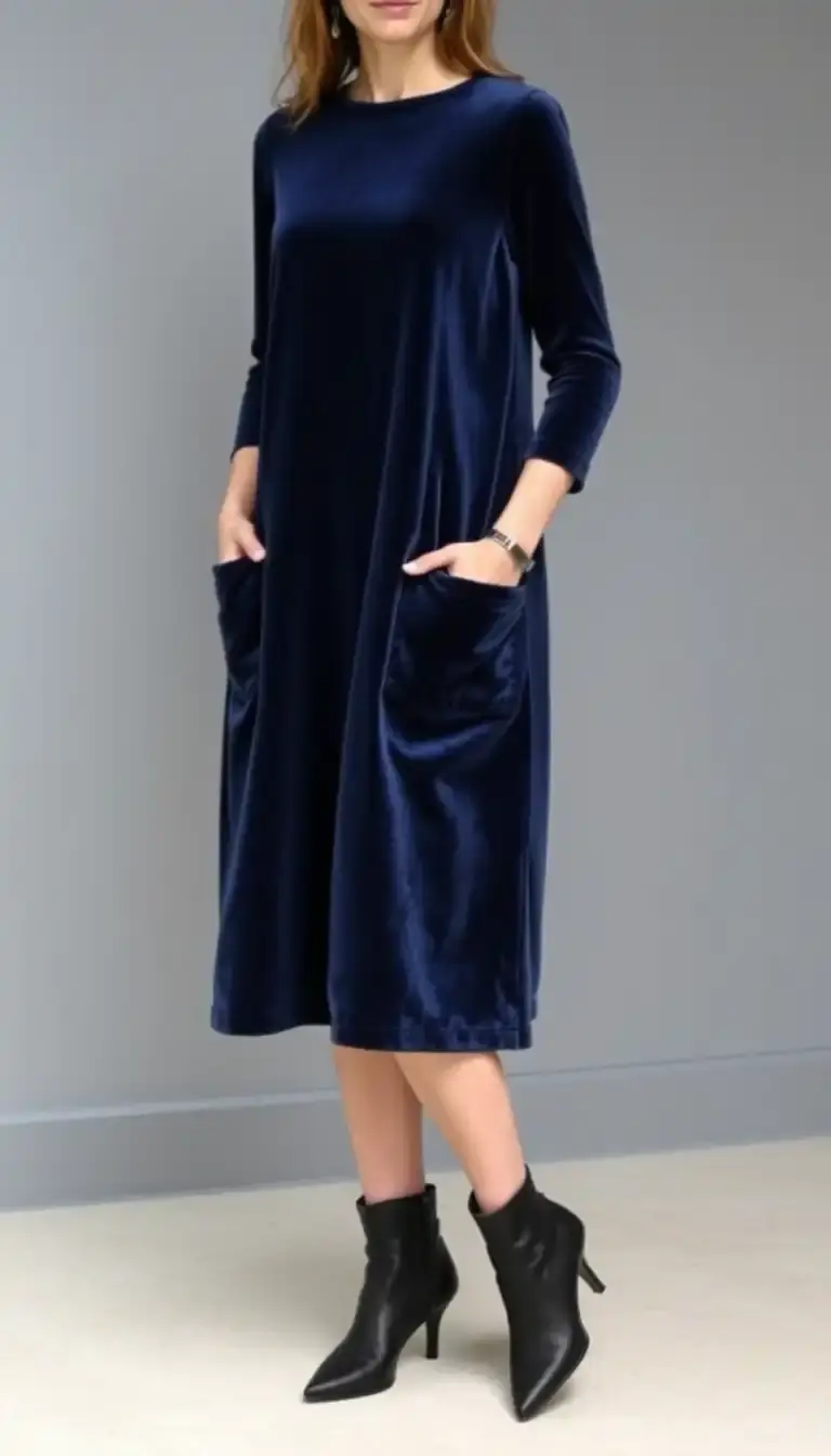 Classic navy velvet A-line dress with pockets