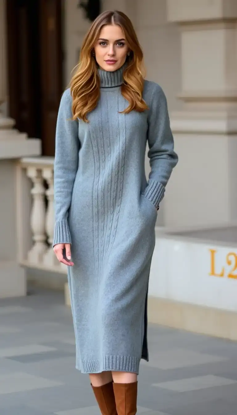 Wool Winter Midi Dress in Gray