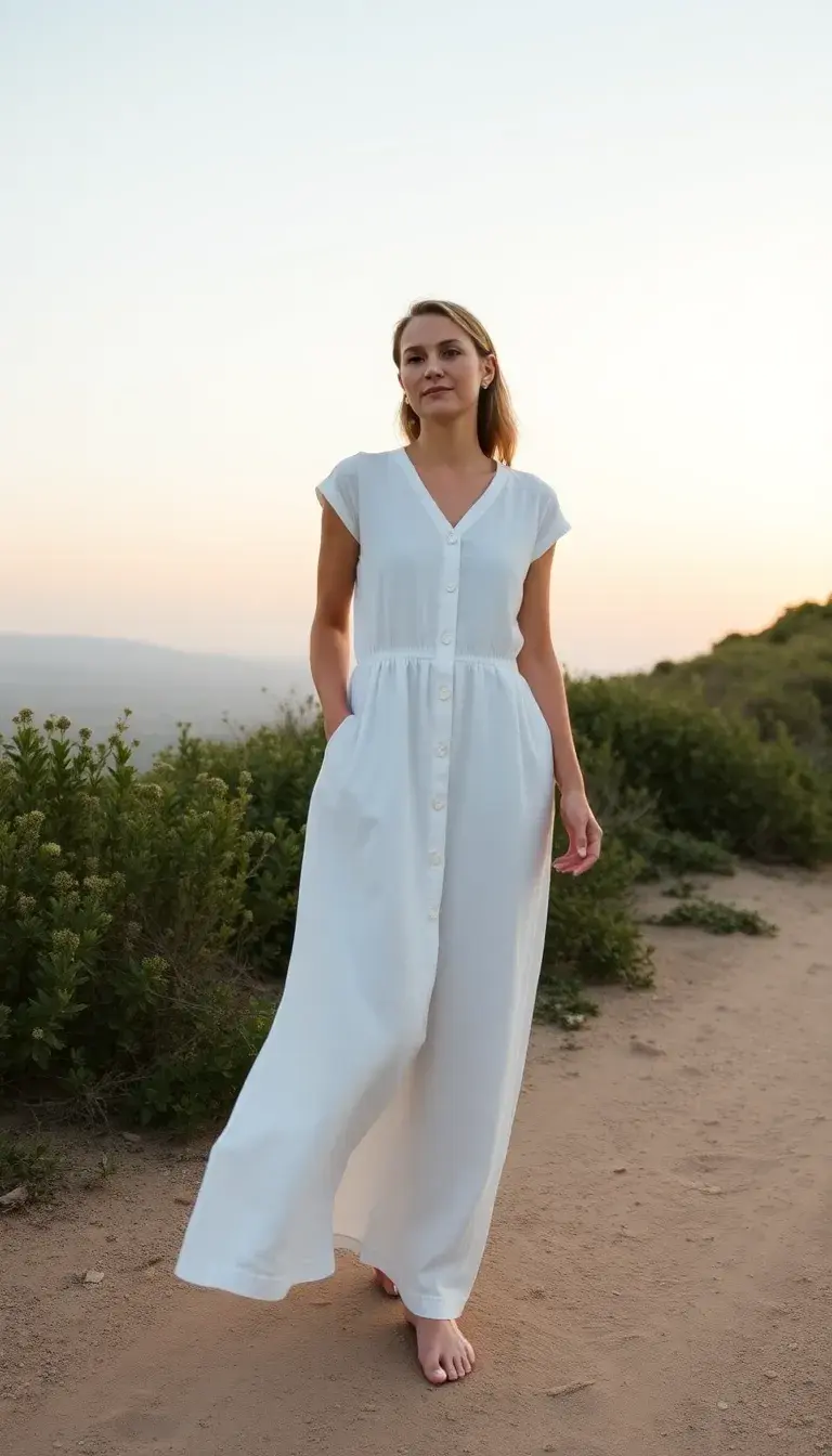 White Linen Maxi Dress with buttons