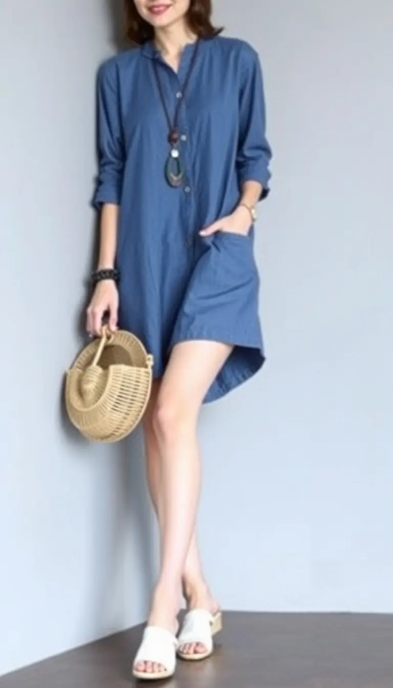 Blue Linen Shift Dress knee length