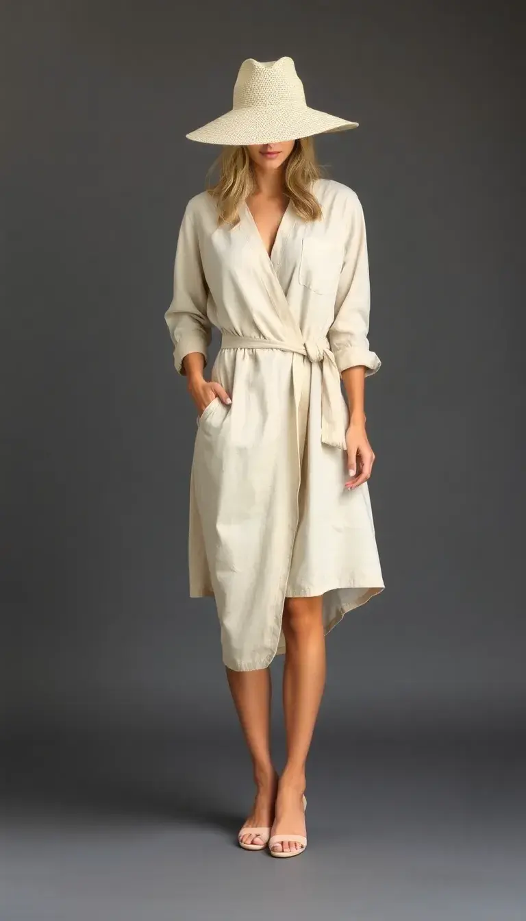 Beige Linen Wrap Dress with tie
