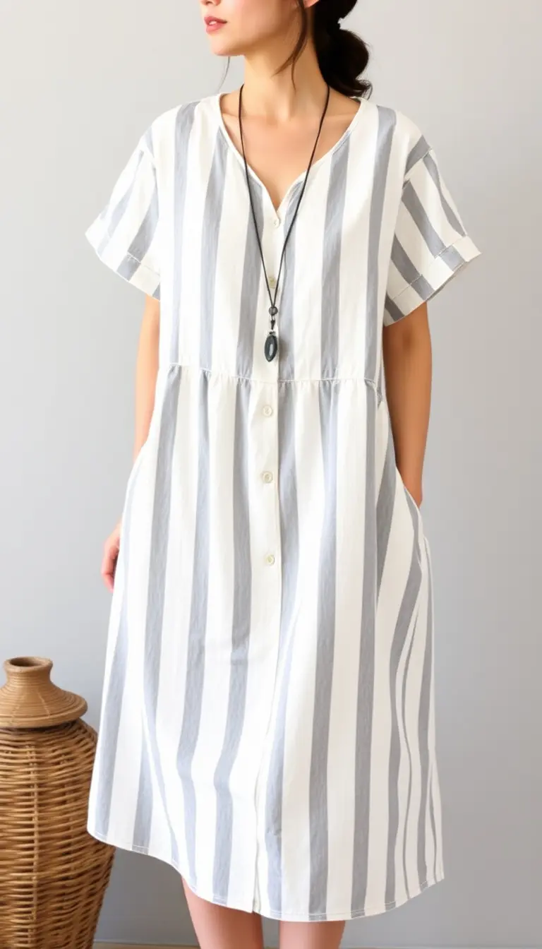 Striped Linen Casual Dress short sleeves