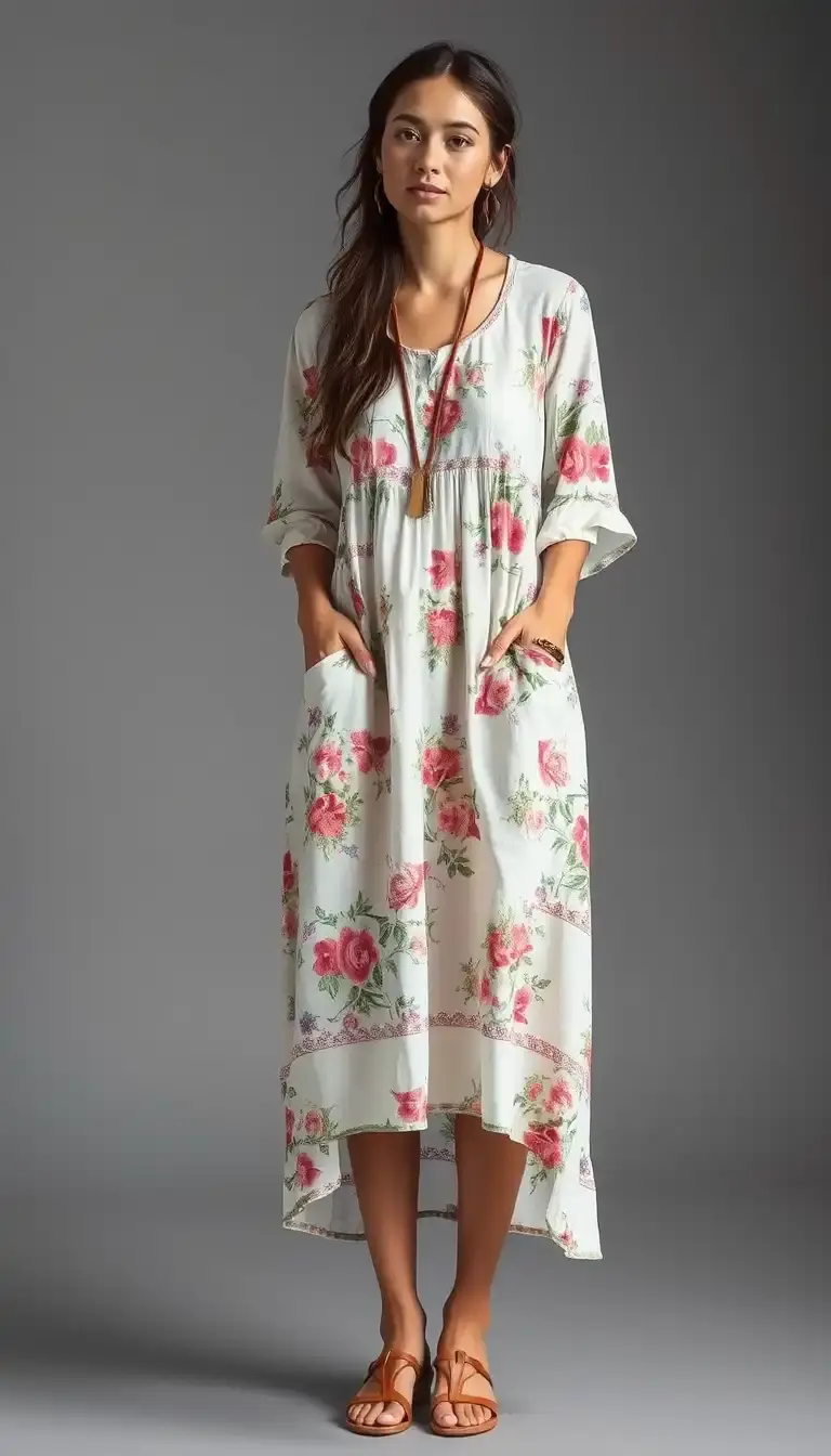 Floral printed linen boho dress
