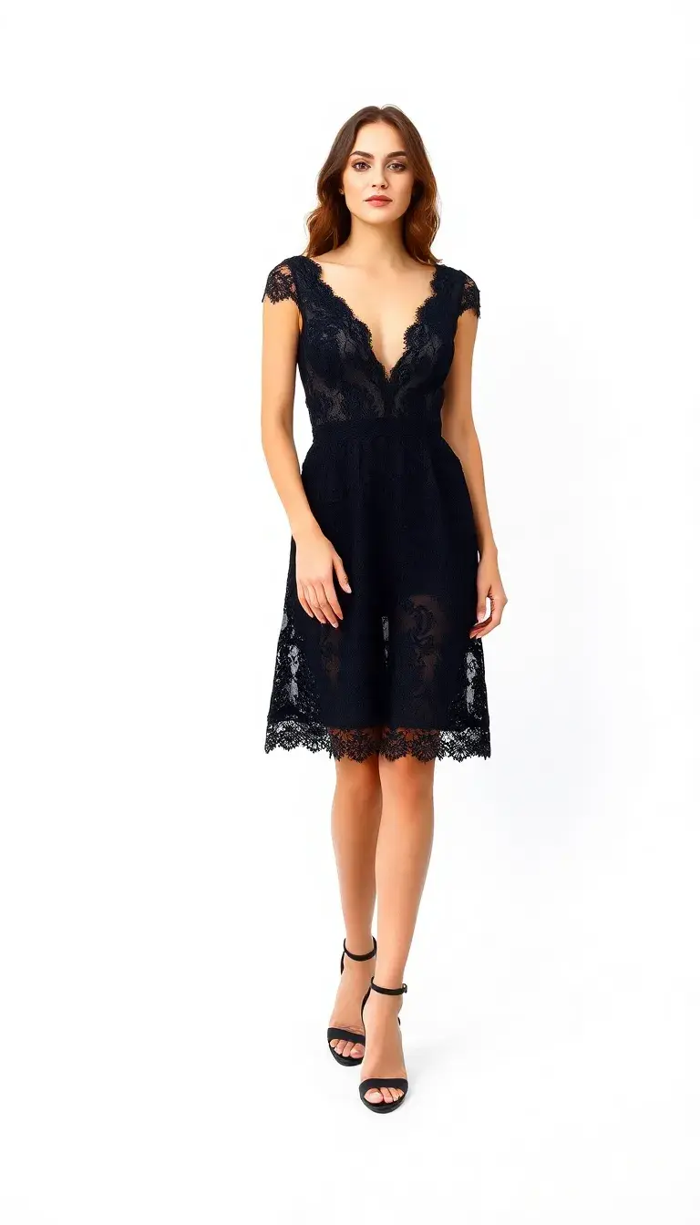 Elegant black lace midi dress on a white background, front view
