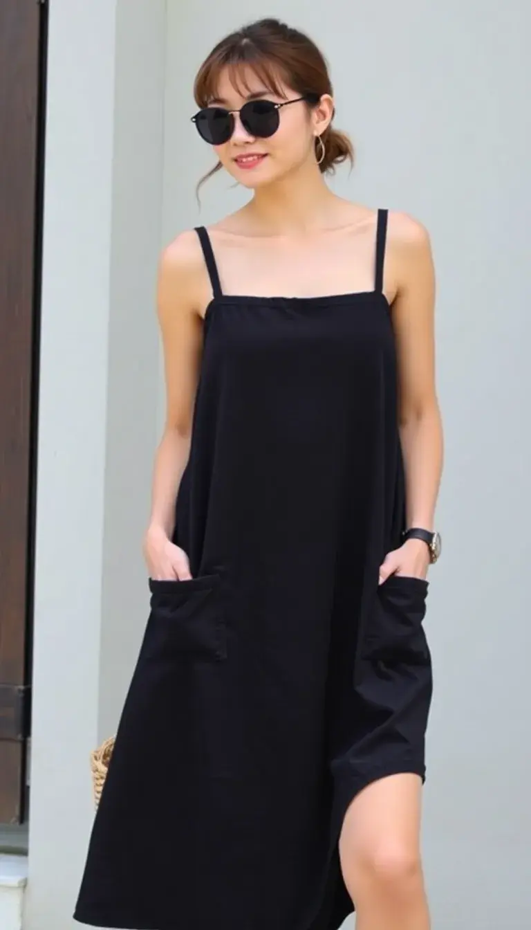 Casual black cotton sundress with pockets, model wearing