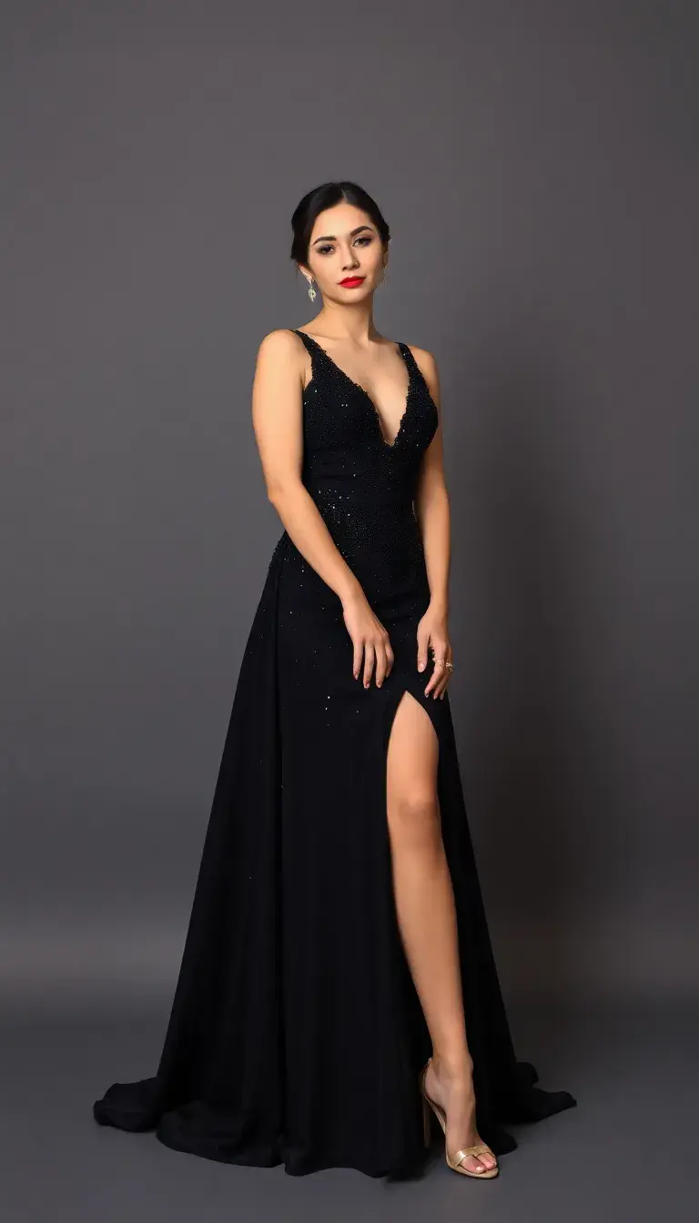 Formal black evening gown with sequins, floor length