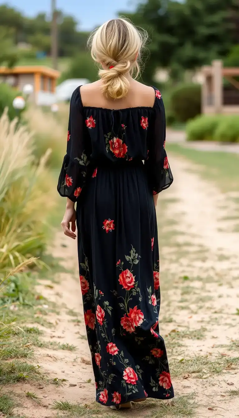 Boho style black maxi dress with floral print
