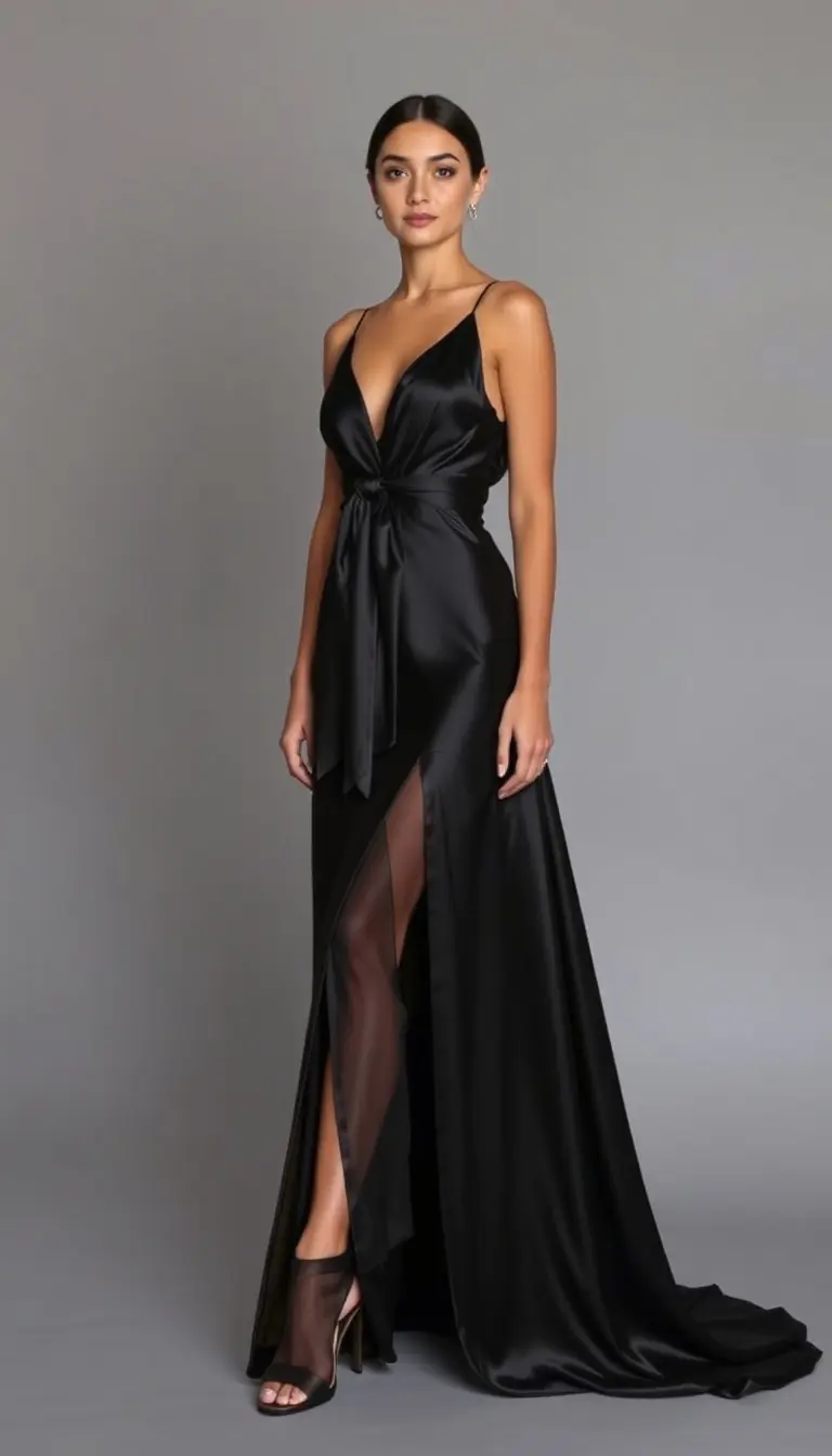 Black Tie Satin Maxi Dress with slit
