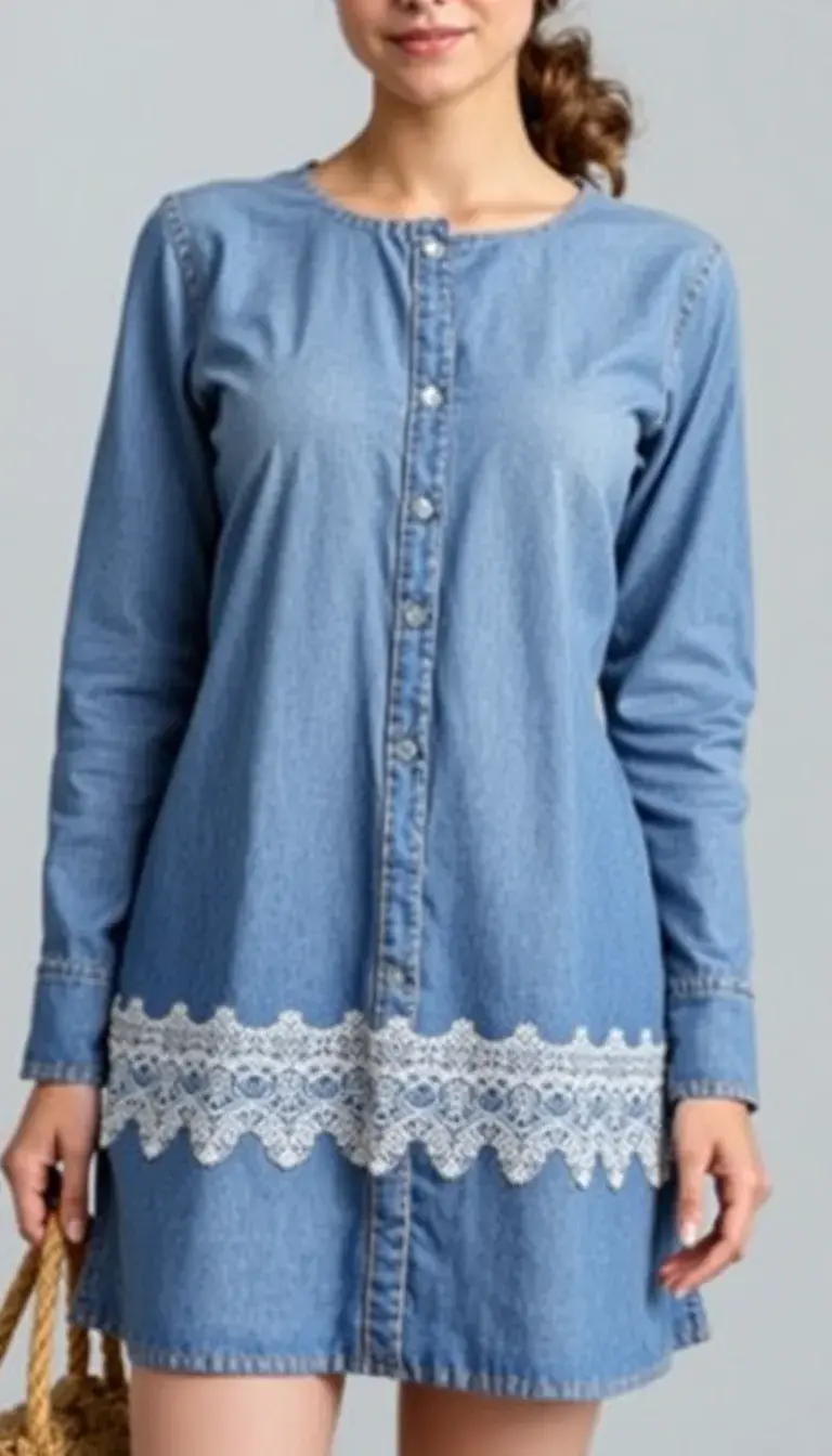 Denim Dress with Lace Trim